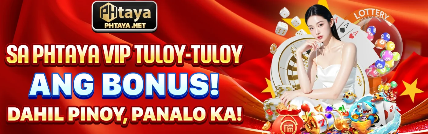 PHTaya VIP bonus promo banner with Filipino slogan, online casino games, lottery balls and jackpot rewards in the Philippines