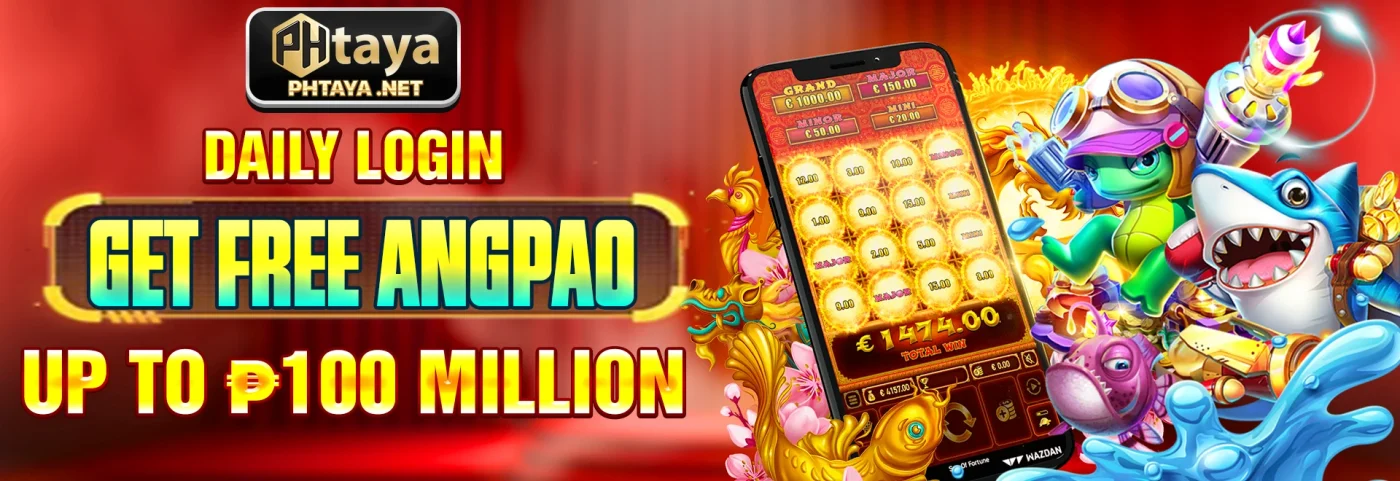 PHTaya Daily Login bonus banner offering free Angpao rewards up to ₱100 million for online casino players in the Philippines